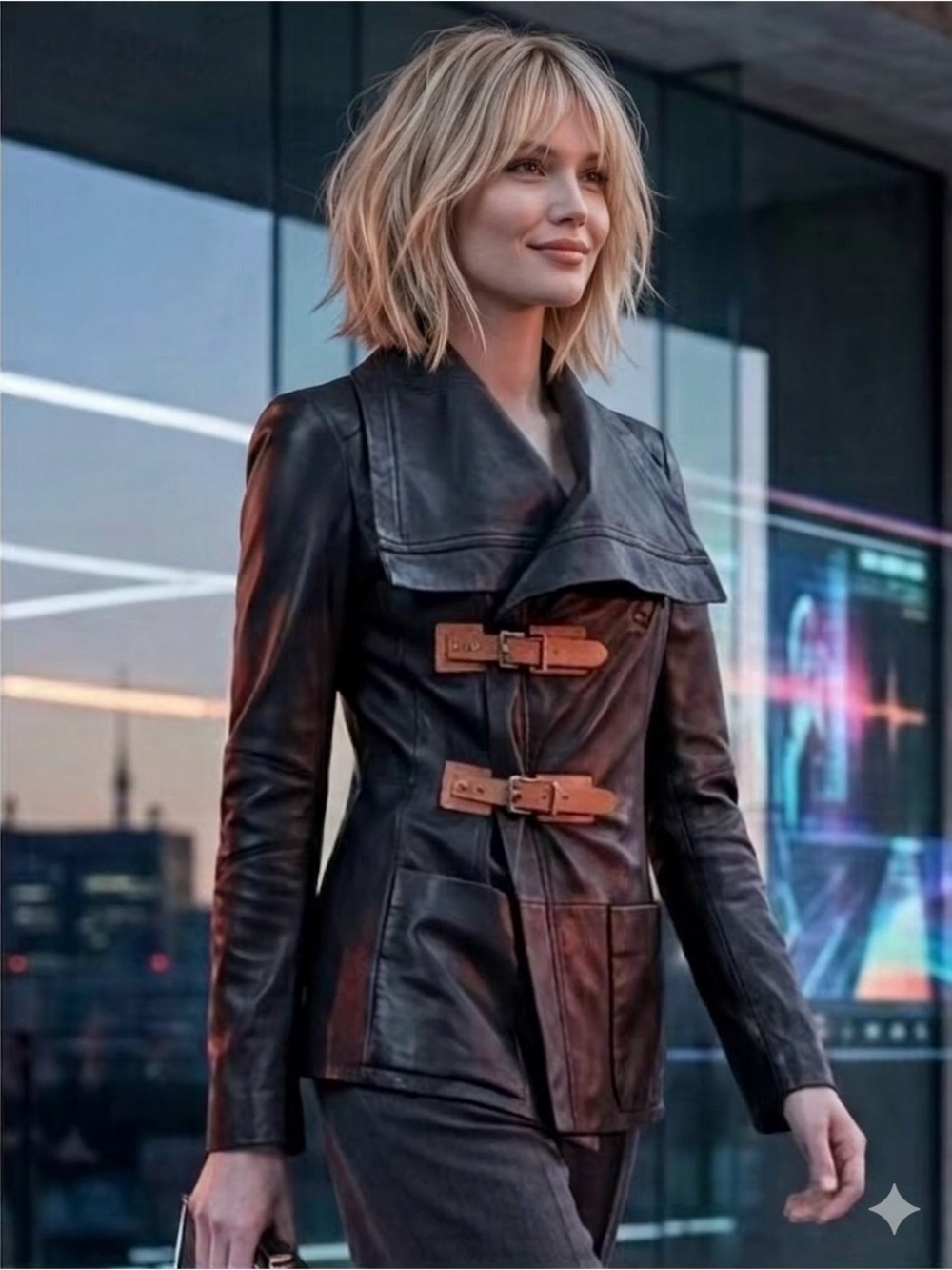 BARBARA BUI Black Ultra-Soft Lambskin Leather Moto Jacket with Tan Buckles 6